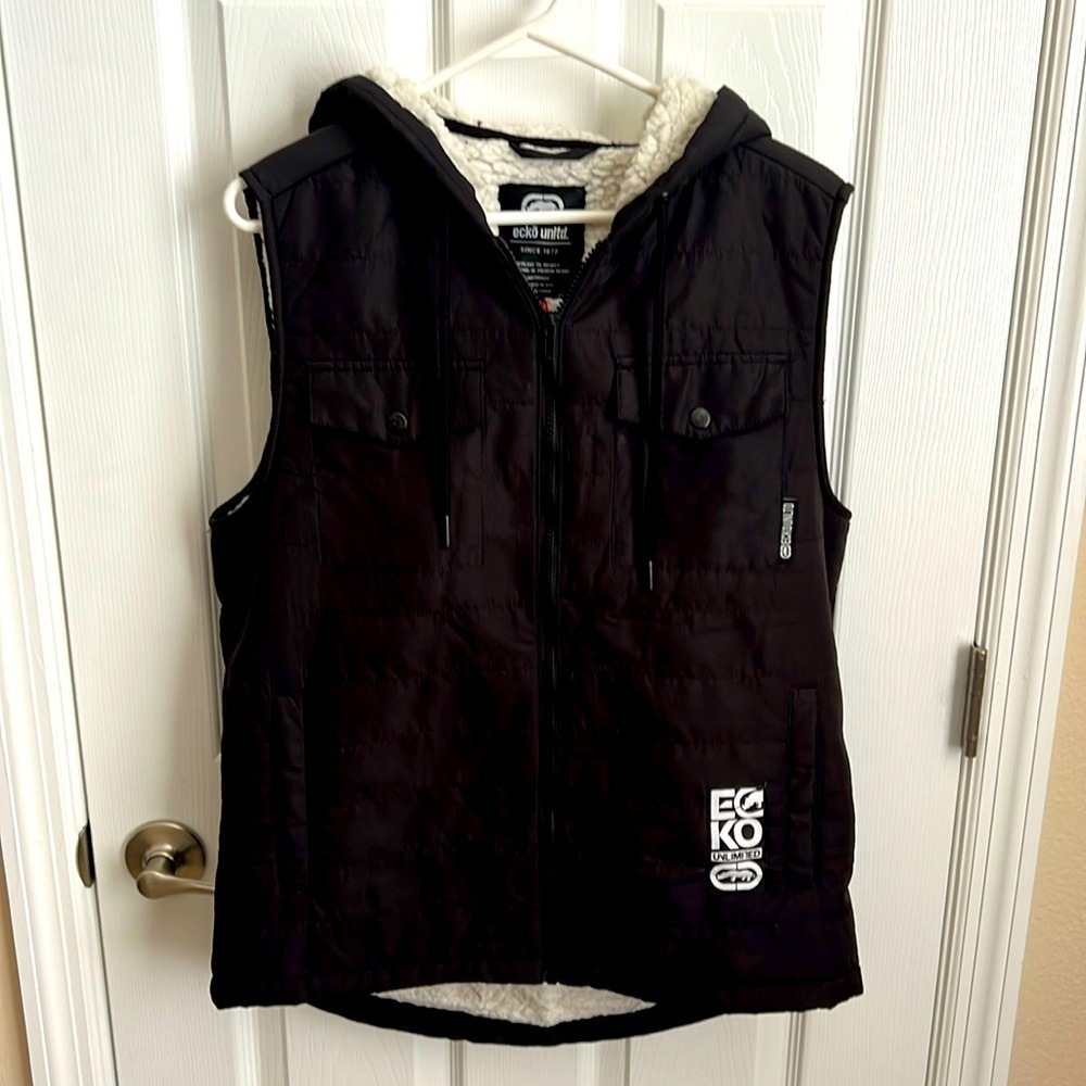 Ecko Unltd. Black Puffer Vest Sherpa Lined Hooded Sleeveless Jacket